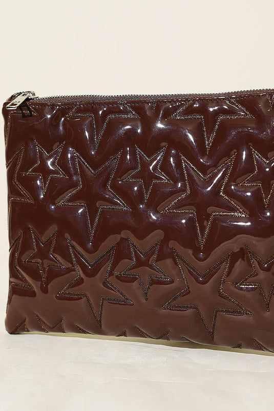 Sac zippé à couture étoile en cuir verni marron