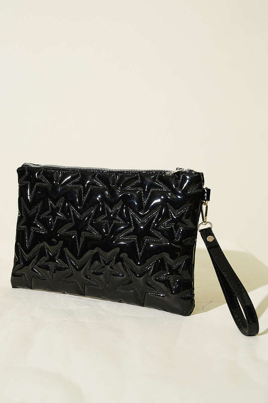 Sac zippé à couture étoile en cuir verni noir