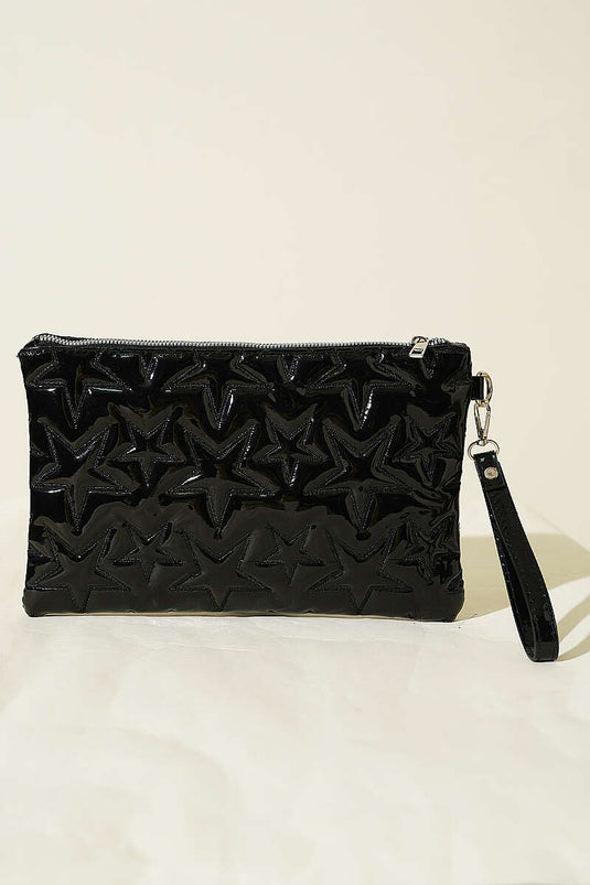 Sac zippé à couture étoile en cuir verni noir