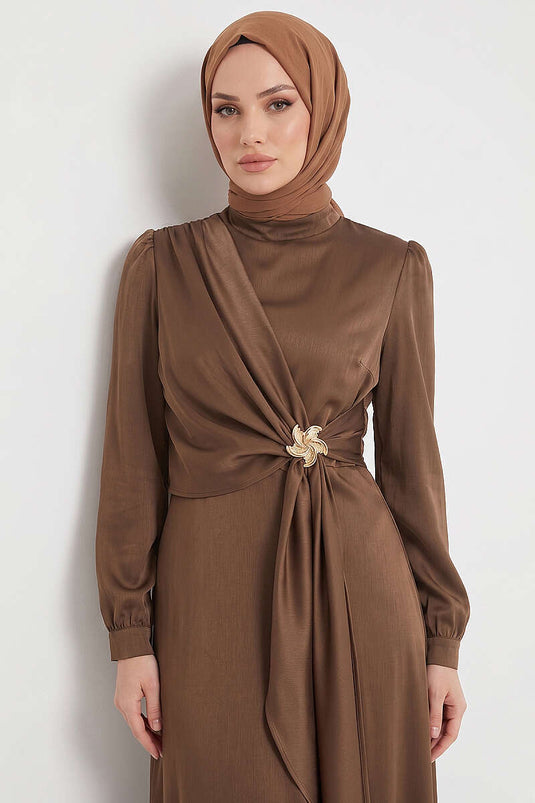 Star Gold Clip Detailed Satin Evening Dress Brown
