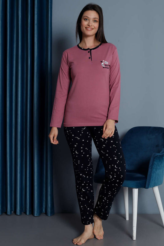 Ensemble pyjama manches longues brodé d'étoiles rose poudré
