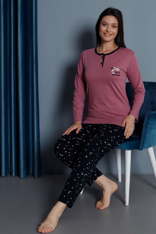 Ensemble pyjama manches longues brodé d'étoiles rose poudré