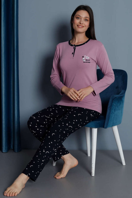 Pyjama-Set mit Sternenstickerei und langen Ärmeln, violett