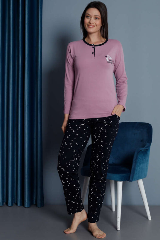 Pyjama-Set mit Sternenstickerei und langen Ärmeln, violett