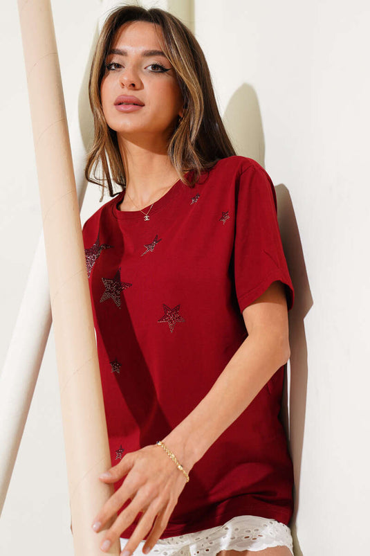 T-Shirt mit Sternen- und Steinverzierungen, burgunderrot