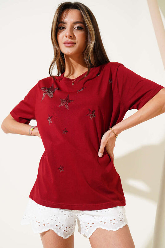 T-Shirt mit Sternen- und Steinverzierungen, burgunderrot