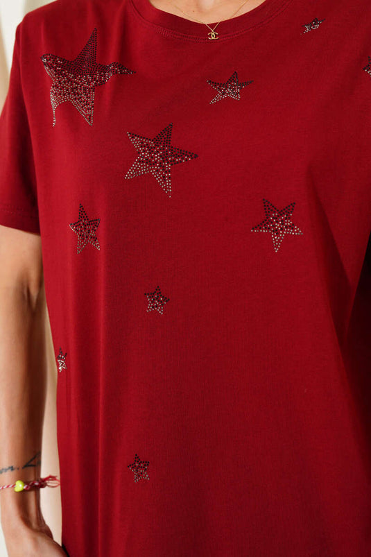 T-Shirt mit Sternen- und Steinverzierungen, burgunderrot