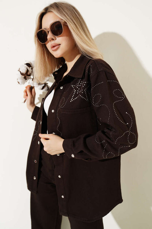 Yıldız Taşlı Cepli Gabardin Ceket Kahve