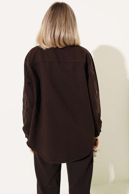 Yıldız Taşlı Cepli Gabardin Ceket Kahve