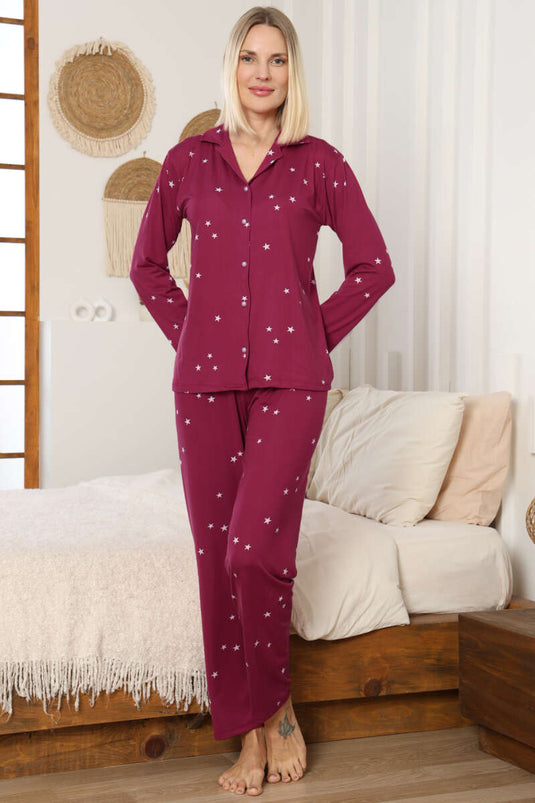 طقم بيجامة بياقة متقاطعة مزين بالنجوم بلون العنبية
