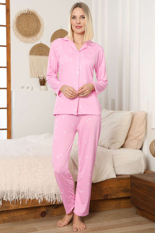طقم بيجامة بياقة متقاطعة مزين بالنجوم باللون الوردي