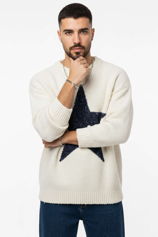 Yıldızlı Örgü Triko Erkek Kazak Krem
