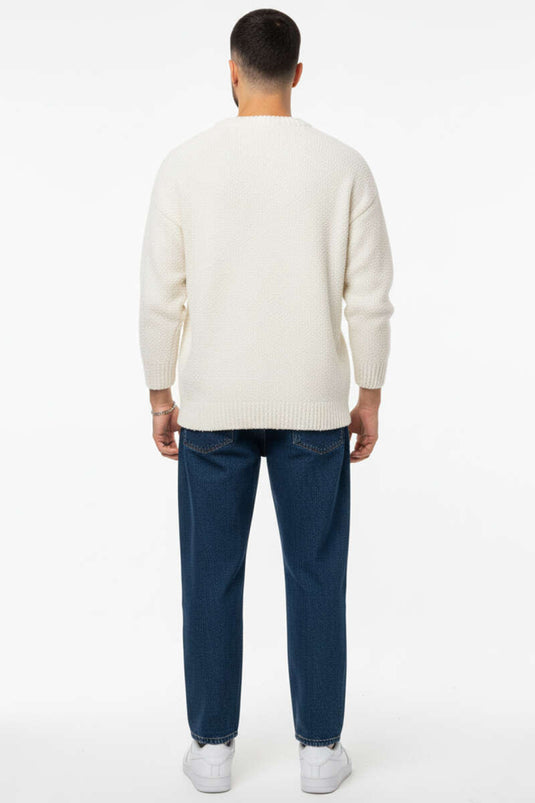 Yıldızlı Örgü Triko Erkek Kazak Krem