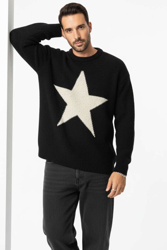 Yıldızlı Örgü Triko Erkek Kazak Siyah