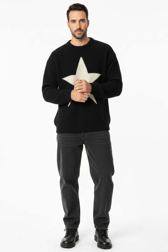 Yıldızlı Örgü Triko Erkek Kazak Siyah