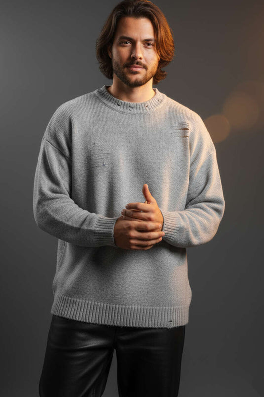 Yıpratma Detaylı Triko Erkek Kazak Gri