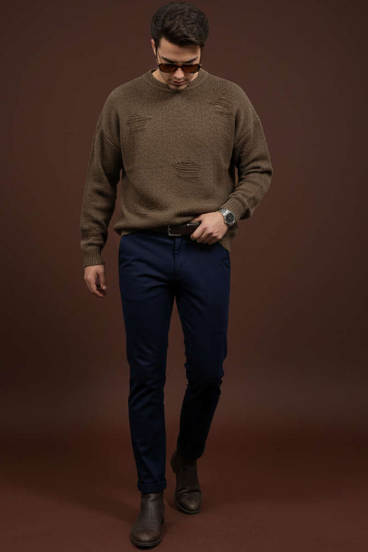 Pull en maille marron à effet usé pour homme
