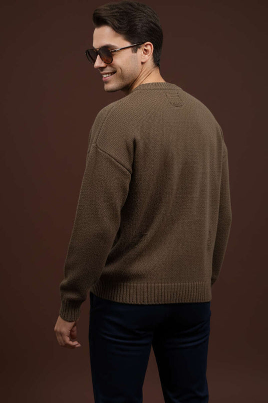 Pull en maille marron à effet usé pour homme
