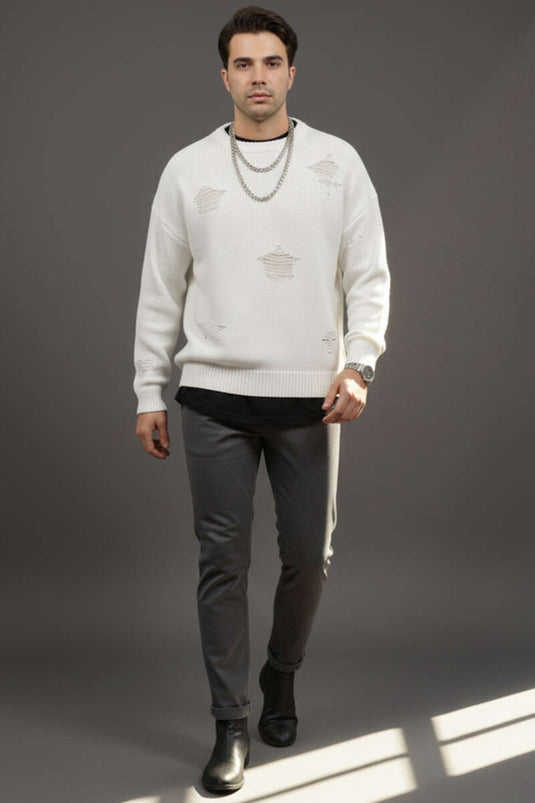 Pull homme en maille à effet usé, couleur os