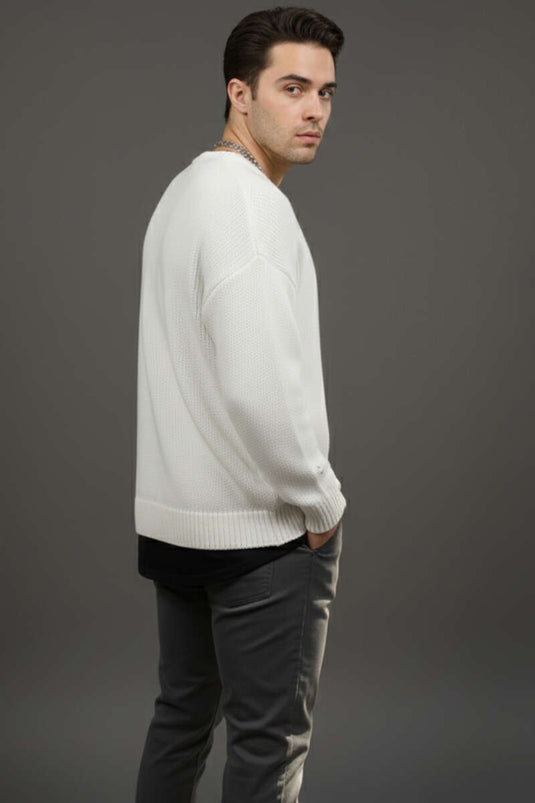 Pull homme en maille à effet usé, couleur os