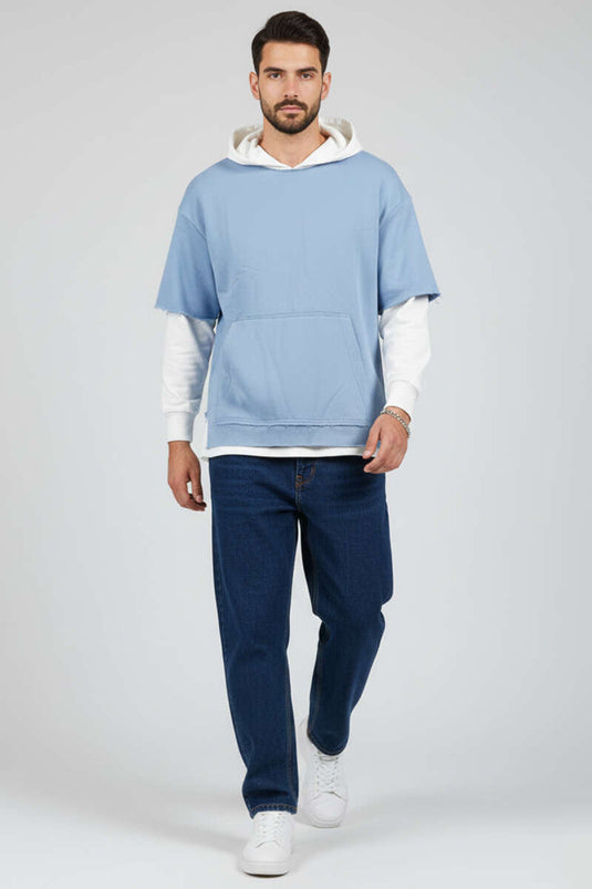 Sweat-shirt garçon bleu clair à poche kangourou effet usé