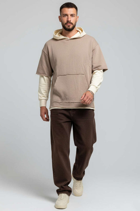 Sweat-shirt beige à poche kangourou effet usé pour homme