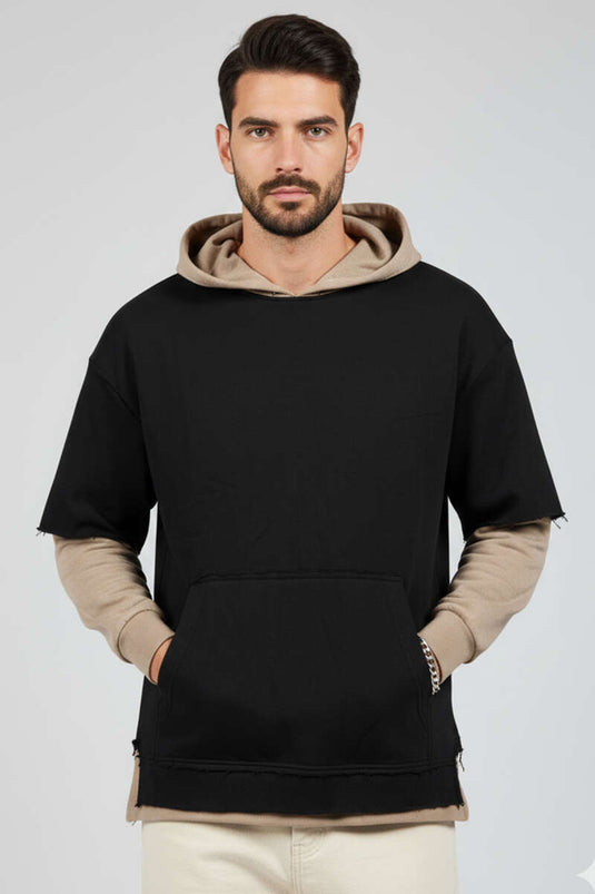 Yıpratmalı Kanguru Cep Erkek Sweatshirt Siyah