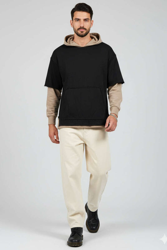 Yıpratmalı Kanguru Cep Erkek Sweatshirt Siyah