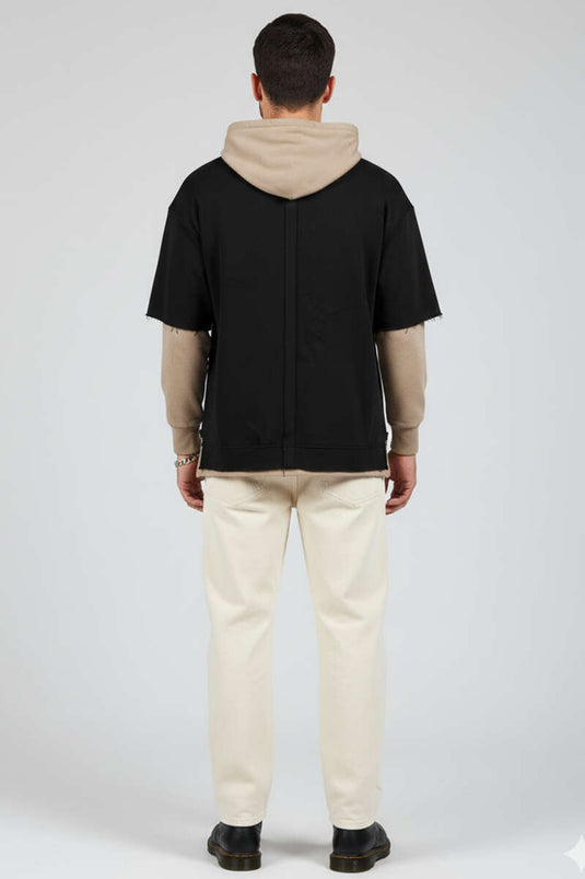 Yıpratmalı Kanguru Cep Erkek Sweatshirt Siyah