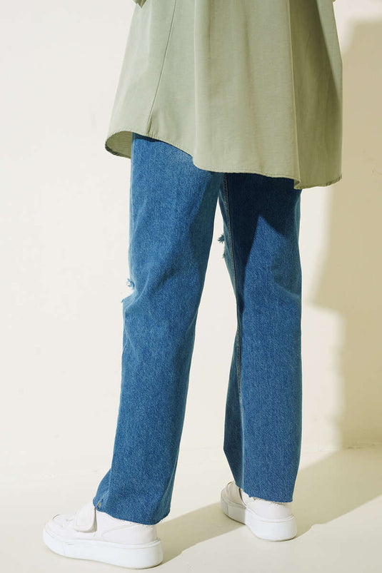 Denim Blue Trousers with Ripped Detail and Cut Legs