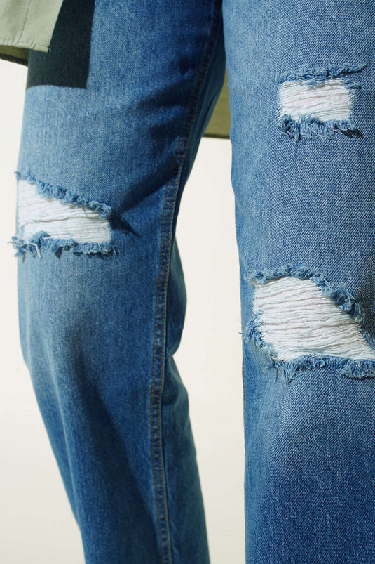 Denim Blue Trousers with Ripped Detail and Cut Legs