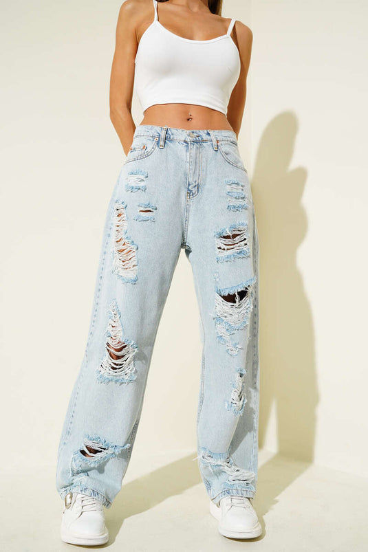 Wide Leg Jeans with Ripped Detail - Light Snow