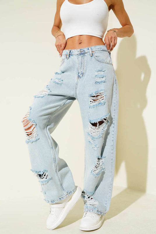 Wide Leg Jeans with Ripped Detail - Light Snow