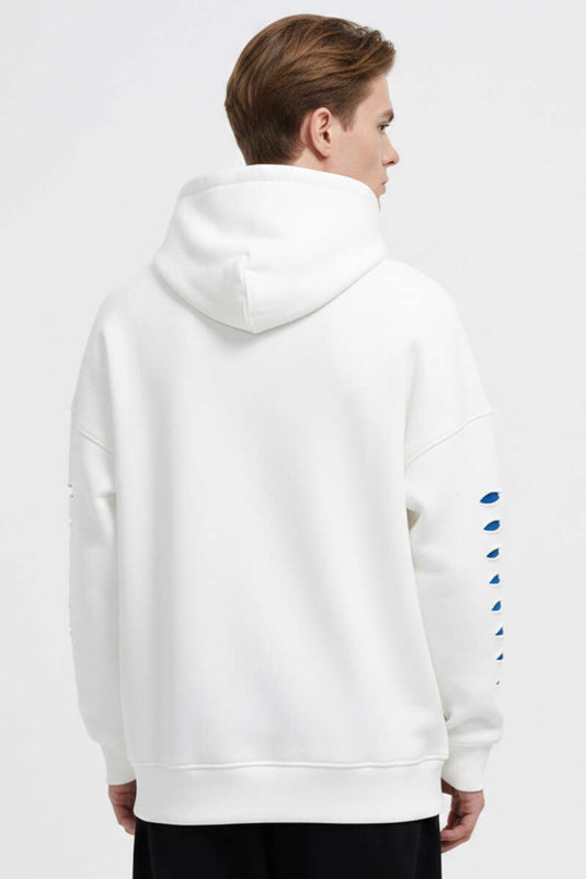 Yırtık Efektli Nakışlı Erkek Sweatshirt Ekru