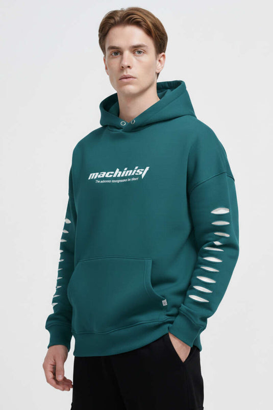 Yırtık Efektli Nakışlı Erkek Sweatshirt Petrol