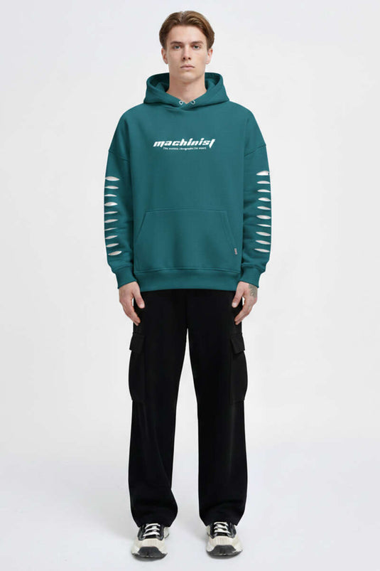 Yırtık Efektli Nakışlı Erkek Sweatshirt Petrol