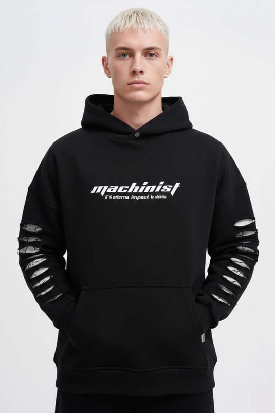 Herrenpullover mit Riss-Effekt und Stickerei Schwarz