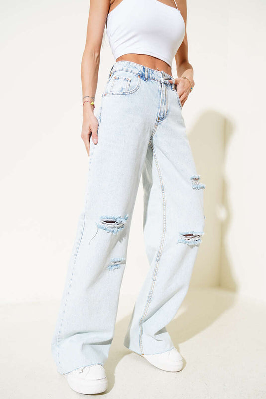 Ripped Palazzo Jeans Ice Blue