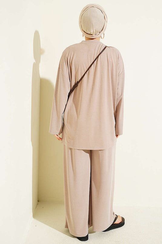 Beige Split Detail Basic Twee-Delige Set