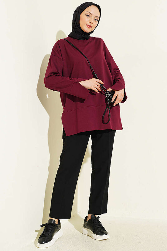 Yırtmaç Detaylı Basic Tunik Bordo