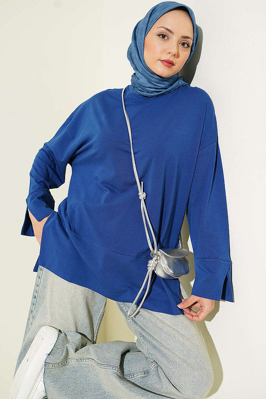 Yırtmaç Detaylı Basic Tunik Lacivert
