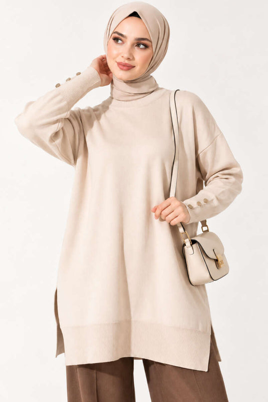 Beige Mercerized Tuniek Met Split En Knopen