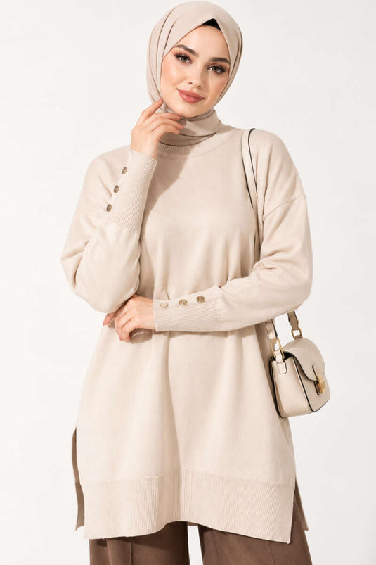 Beige Mercerized Tuniek Met Split En Knopen