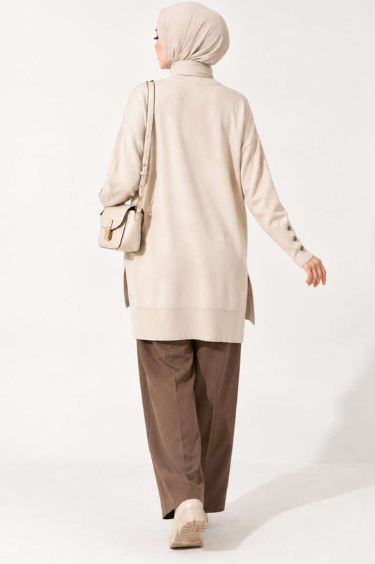 Beige Mercerized Tuniek Met Split En Knopen