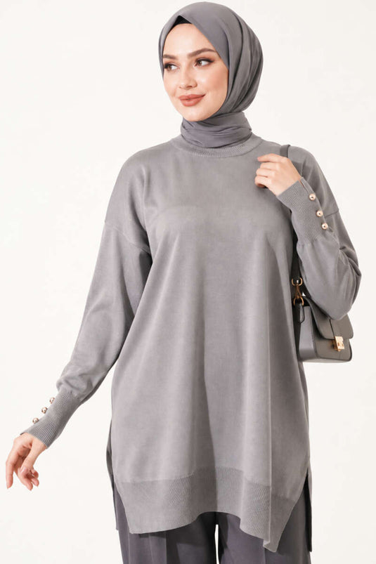 Griis Mercerized Tuniek Met Split Details En Knopen
