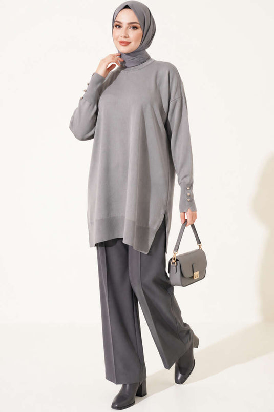 Griis Mercerized Tuniek Met Split Details En Knopen