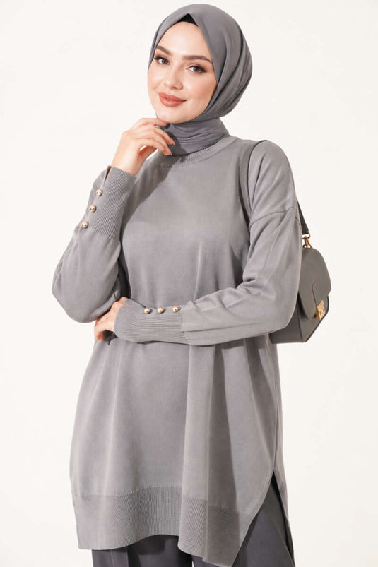 Griis Mercerized Tuniek Met Split Details En Knopen