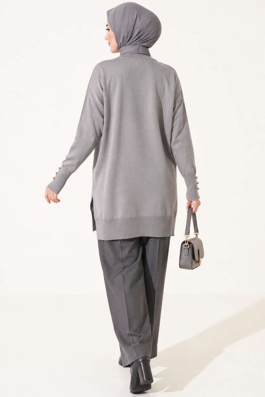 Griis Mercerized Tuniek Met Split Details En Knopen