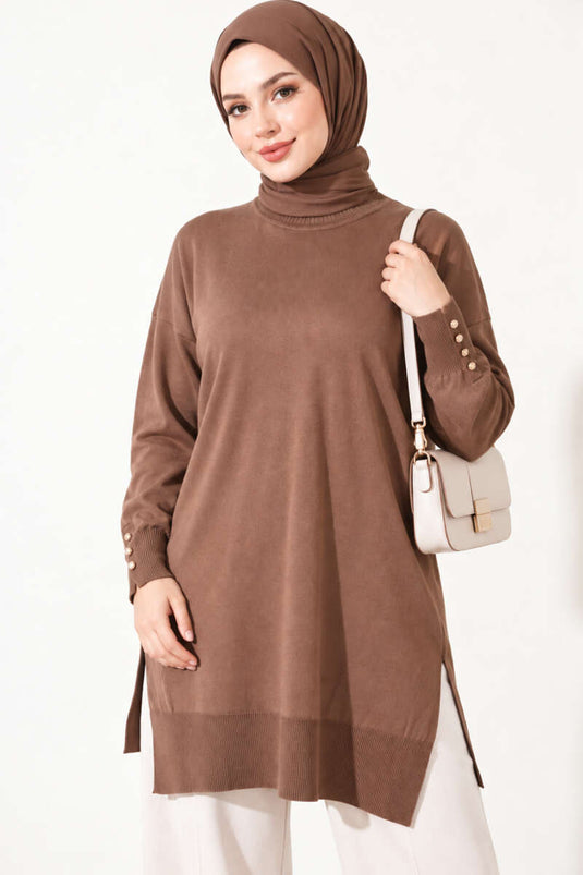 Slit Detail Buttoned Mercerized Tunic Latte