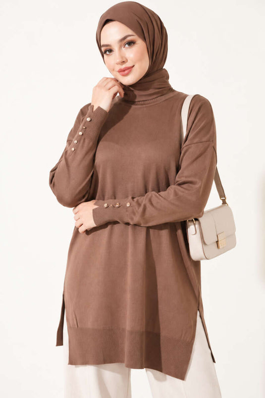 Slit Detail Buttoned Mercerized Tunic Latte